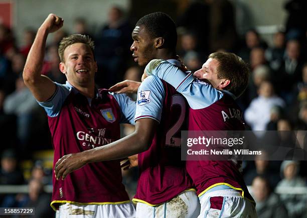 Christain Benteke of Aston Villa celebrates his goal for Aston Villa during the Barclays Premier League match between Swansea City and Aston Villa at...