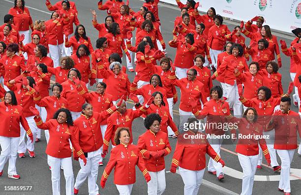 Members of the Delta Sigma Theta Sorority float participate in the 124th Tournamernt of Roses Parade on January 1, 2013 in Pasadena, California.