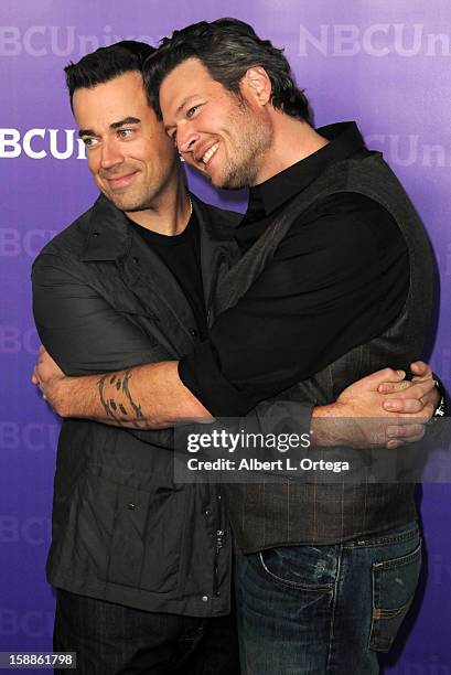 Talk show host Carson Daly and Country musician Blake Shelton participate in the NBC Universal Winter Tour All-Star Party held at The Athenaeum on...