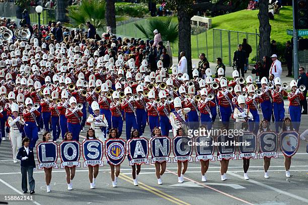 The LA Unified School District All District Band performs in the 124th annual Rose Parade themed "Oh, the Places You'll Go!" on January 1, 2013 in...