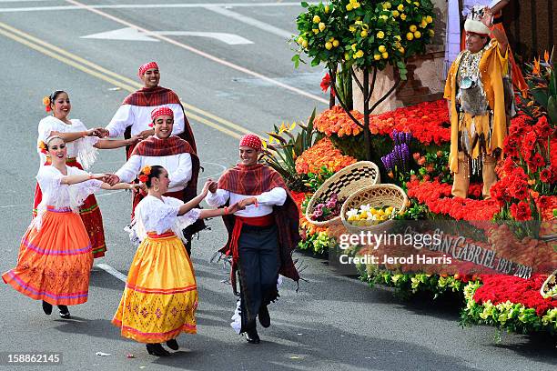 Dancers from the City of San Gabriel's "Celebrating Our Journey" float perform in the 124th annual Rose Parade themed "Oh, the Places You'll Go!" on...