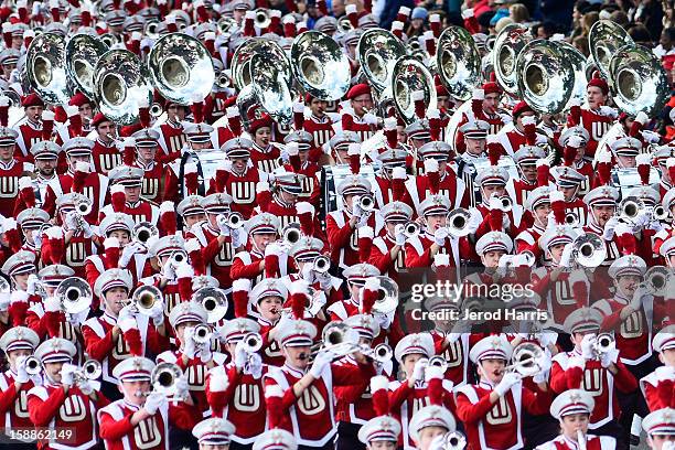 The University of Wisconsin Marching Band performs during the 124th annual Rose Parade themed "Oh, the Places You'll Go!" on January 1, 2013 in...