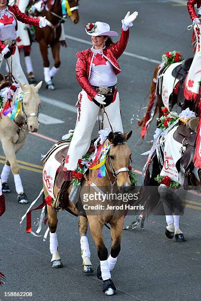 The Canadian Cowgirls Precision Drill team performs in the 124th annual Rose Parade themed "Oh, the Places You'll Go!" on January 1, 2013 in...