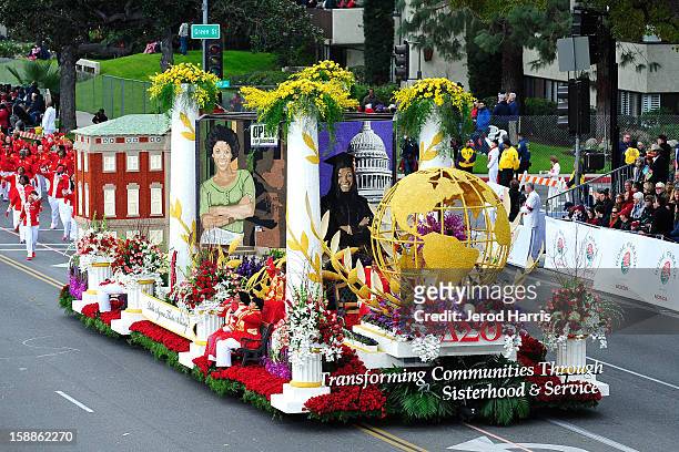 Delta Sigma Theta Sorority's "Transforming Communities through Sisterhood & Service" float participates in the 124th annual Rose Parade themed "Oh,...