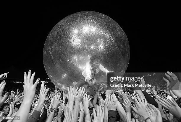 Wayne Coyne of the Flaming Lips performs live on stage at The Falls Music and Arts Festival on December 30, 2012 in Lorne, Australia.