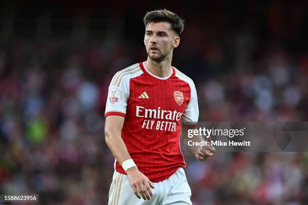 Kieren Tierney of Arsenal looks on during the pre-season friendly match between Arsenal FC and AS Monaco at Emirates Stadium on August 02, 2023 in...