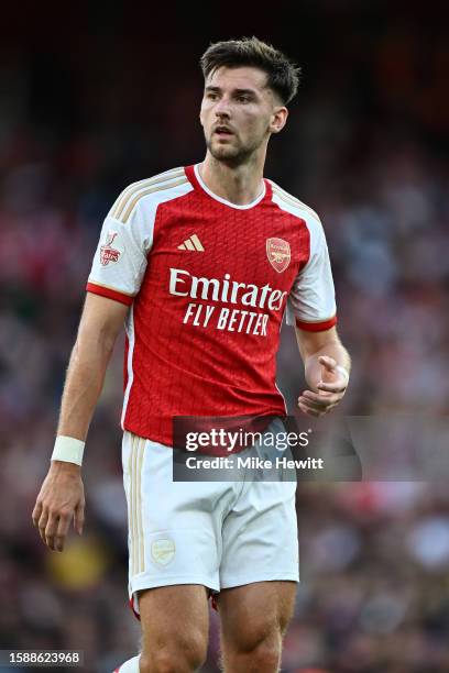 Kieren Tierney of Arsenal looks on during the pre-season friendly match between Arsenal FC and AS Monaco at Emirates Stadium on August 02, 2023 in...