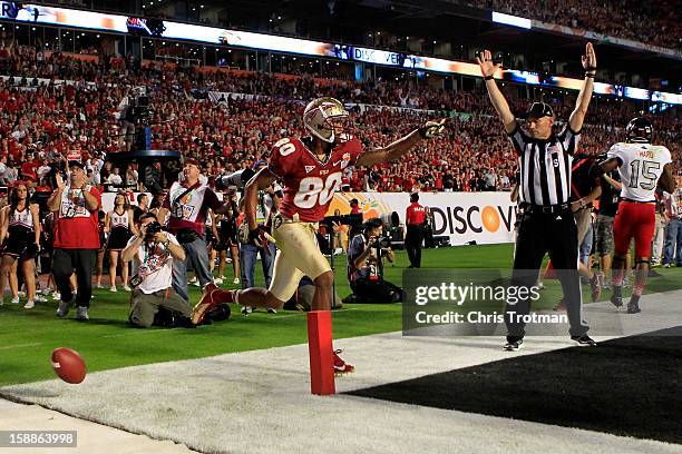 Rashad Greene of the Florida State Seminoles celebrates after he scored a 6-yard touchdown reception in the second quarter against the Northern...