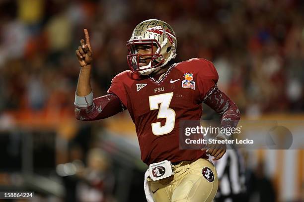 Manuel of the Florida State Seminoles celebrates after he scored a 9-yard rushing touchdown in the fourth quarter against the Northern Illinois...