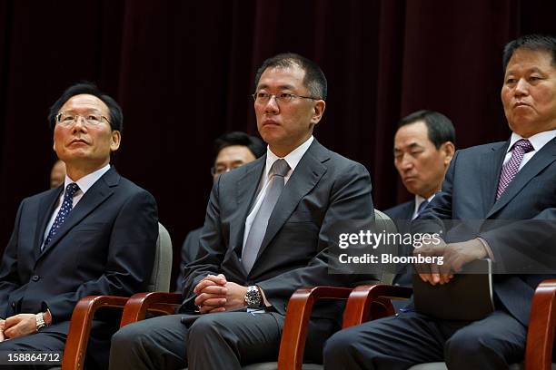 Chung Eui Sun, vice chairman of Hyundai Motor Co., front row center, attends a new year company meeting in Seoul, South Korea, on Wednesday, Jan. 2,...