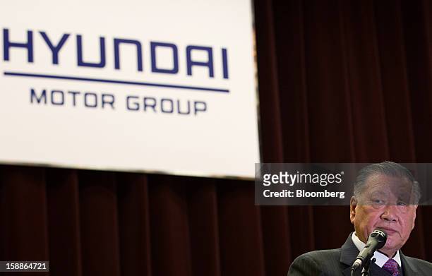 Chung Mong Koo, chairman of Hyundai Motor Co. And Kia Motors Corp., pauses during a new year company meeting in Seoul, South Korea, on Wednesday,...