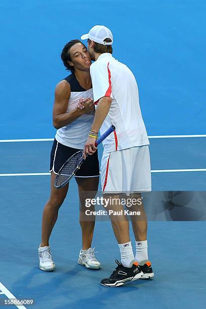 Francesca Schiavone and Andreas Seppi of Italy celebrate winning their mixed doubles match against Tatjana Malek and Tommy Haas of Germany during day...