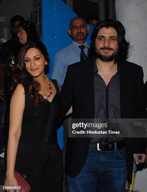 Indian bollywood actress Sonali Bendre with husband Goldie Behl attending Bunty Walia’s wedding reception party at Olive Bar & Kitchen, khar on...