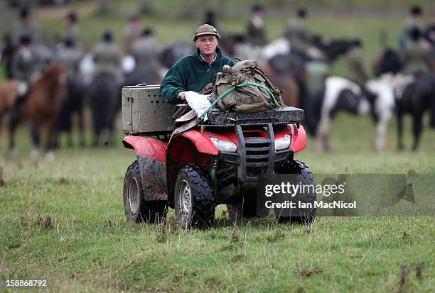 Terrier man John Cook takes part in a fox hunt with The Duke of Buccleugh's Fox hounds on November 09, 2011 in St Boswells, Scotland.