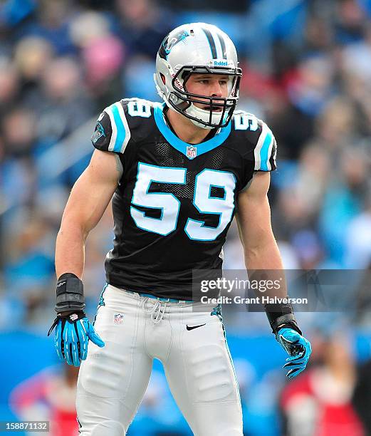 Luke Kuechly of the Carolina Panthers against the Oakland Raiders at Bank of America Stadium on December 23, 2012 in Charlotte, North Carolina....