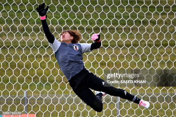 Japan's goalkeeper Momoko Tanaka attends a training session at North Harbour Stadium in Auckland on August 10 ahead of their Australia and New...