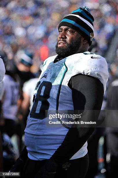 Guy Whimper of the Jacksonville Jaguars attends the sideline during a game against the Tennessee Titans at LP Field on December 30, 2012 in...