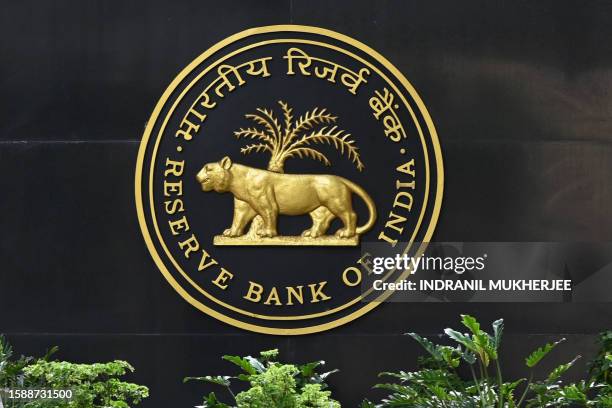 The Reserve Bank of India logo is seen at the RBI headquarters in Mumbai on August 10, 2023.
