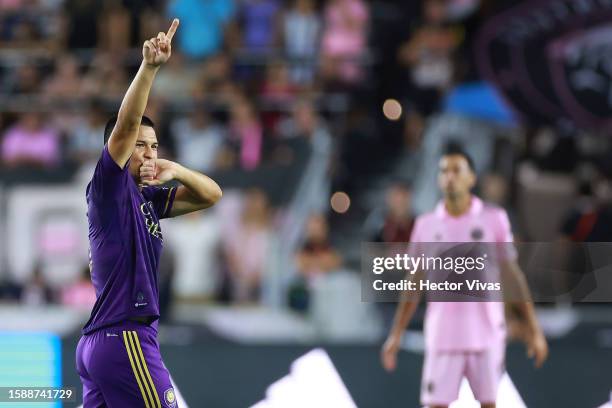 César Araújo of Orlando City SC celebrates after scoring a goal in the first half during the Leagues Cup 2023 Round of 32 match between Orlando City...