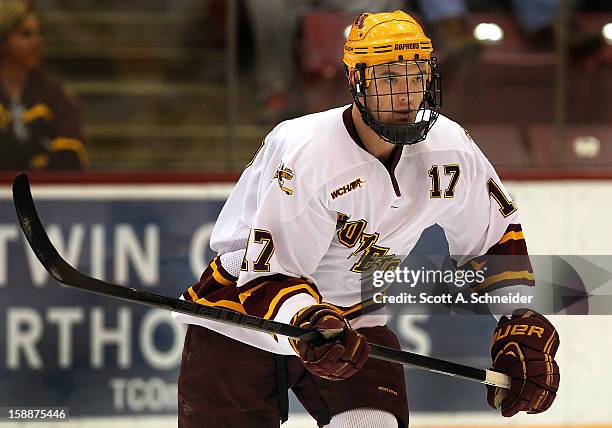 Seth Ambroz of the University of Minnesota warms up before a game with Boston College December 30, 2012 at Mariucci Arena in Minneapolis, Minnesota.