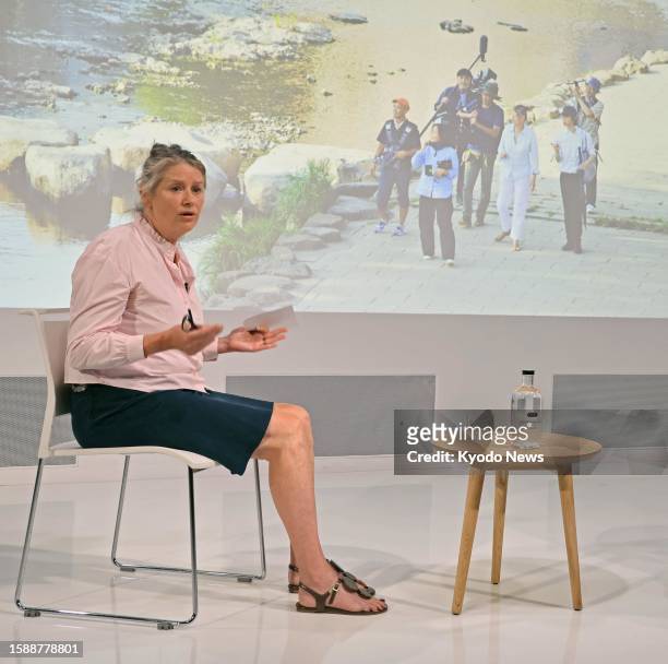 Isabelle Townsend, daughter of late Battle of Britain fighter pilot Peter Townsend, speaks in London on Aug. 9, 2023. The actress attended a film...