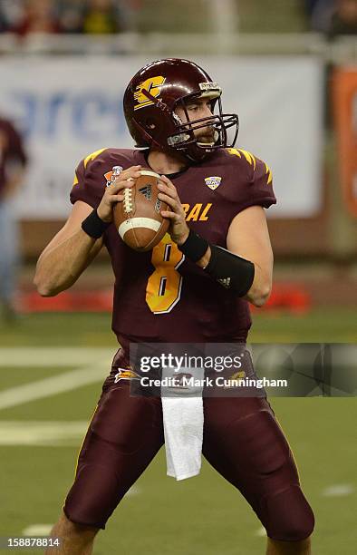 Ryan Radcliff of the Central Michigan University Chippewas looks to throw a pass during the Little Caesars Pizza Bowl against the Western Kentucky...