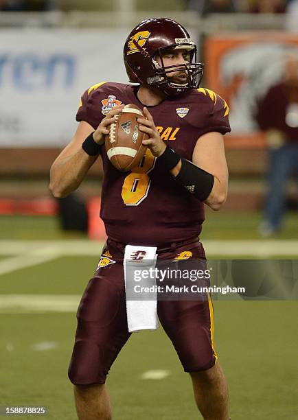 Ryan Radcliff of the Central Michigan University Chippewas looks to throw a pass during the Little Caesars Pizza Bowl against the Western Kentucky...