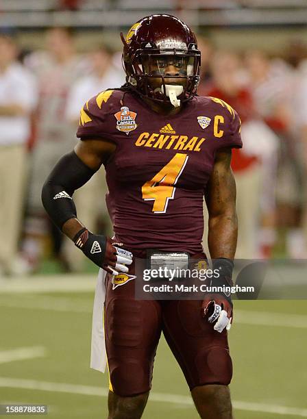 Jahleel Addae of the Central Michigan University Chippewas looks on during the Little Caesars Pizza Bowl against the Western Kentucky University...