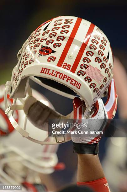 Detailed view of a Western Kentucky University Hilltoppers football helmet during the Little Caesars Pizza Bowl against the Central Michigan...