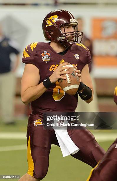 Ryan Radcliff of the Central Michigan University Chippewas looks to throw a pass during the Little Caesars Pizza Bowl against the Western Kentucky...