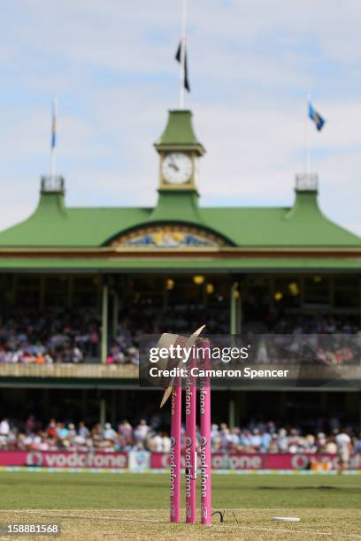 The hat of the late Tony Greig, former England Test cricket captain turned commentator; is seen resting on the stumps ahead of play during day one of...