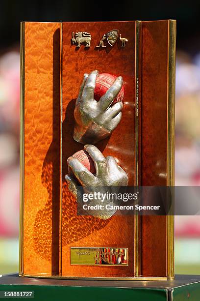 The Warne-Muralitharan Trophy is seen during day one of the Third Test match between Australia and Sri Lanka at the Sydney Cricket Ground on January...