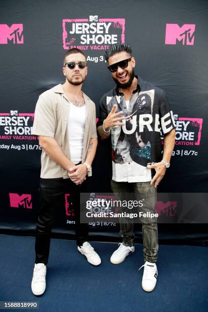 Vinny Guadagnino and Paul "Pauly D" DelVecchio attend MTV's Jersey Shore Family Vacation NYC Premiere Party at Hard Rock Hotel New York on August 02,...