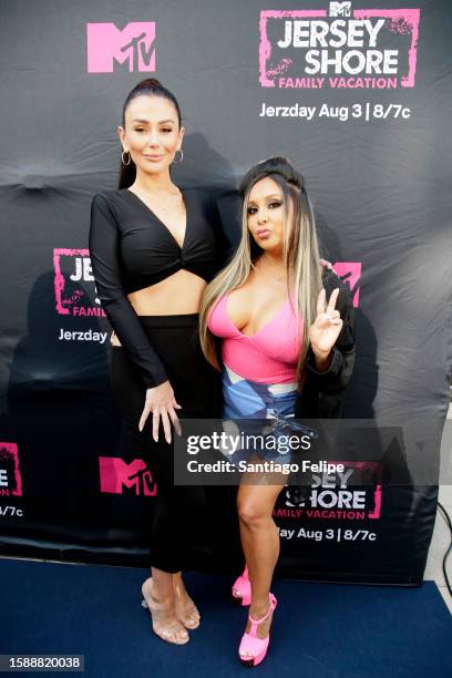 Jenni "JWoww" Farley and Nicole "Snooki" Polizzi attend MTV's Jersey Shore Family Vacation NYC Premiere Party at Hard Rock Hotel New York on August...