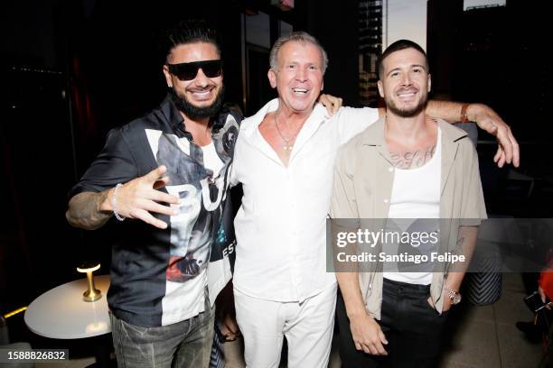 Paul "Pauly D" DelVecchio, Uncle Nino and Vinny Guadagnino attend MTV's Jersey Shore Family Vacation NYC Premiere Party at Hard Rock Hotel New York...