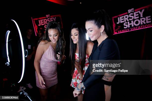 Sammi "Sweetheart" Giancola, Deena Nicole Cortese and Jenni "JWoww" Farley attend MTV's Jersey Shore Family Vacation NYC Premiere Party at Hard Rock...