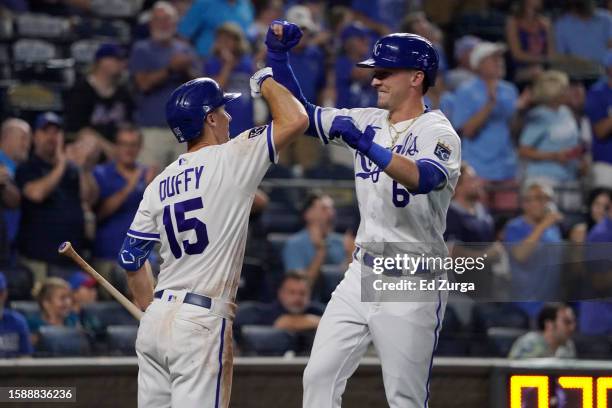 Drew Waters of the Kansas City Royals celebrates his home run with Matt Duffy of the Kansas City Royals in the eighth inning against the New York...