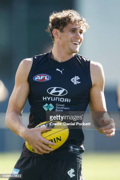 Charlie Curnow of the Blues in action during a Carlton Blues AFL training session at Ikon Park on August 03, 2023 in Melbourne, Australia.