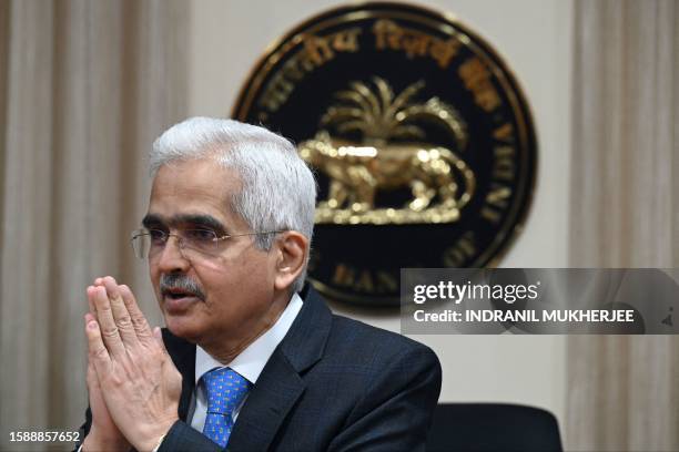 Reserve Bank of India governor Shaktikanta Das gestures during a press conference in Mumbai on August 10, 2023. India's central bank again left...