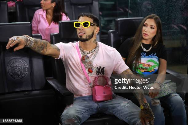 Rapper Anuel AA looks on prior to the Leagues Cup 2023 Round of 32 match between Orlando City SC and Inter Miami CF at DRV PNK Stadium on August 02,...