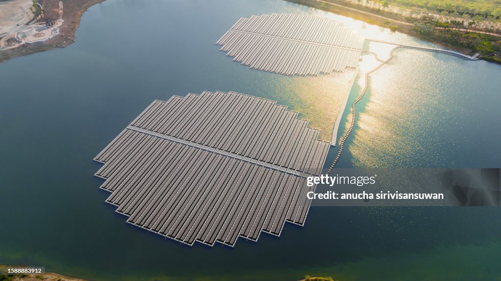 Aerial view of solar on the water energy-saving alternatives.