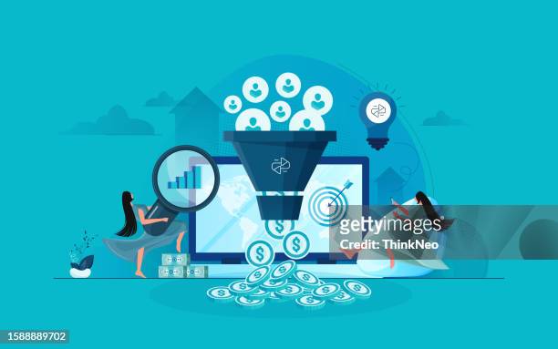 marketing manager earning money and generating leads. increasing rates with sales funnel. - digital marketing stock illustrations