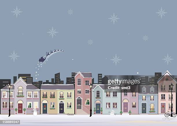 winter street scene - christmas house stock illustrations