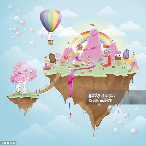 cute kawaii floating candy island - balloons in sky stock illustrations