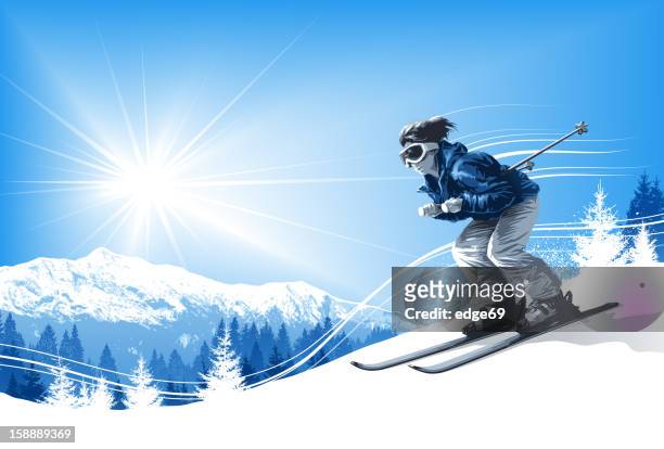 ilustrações, clipart, desenhos animados e ícones de esquiador com sol e as montanhas - ski slope