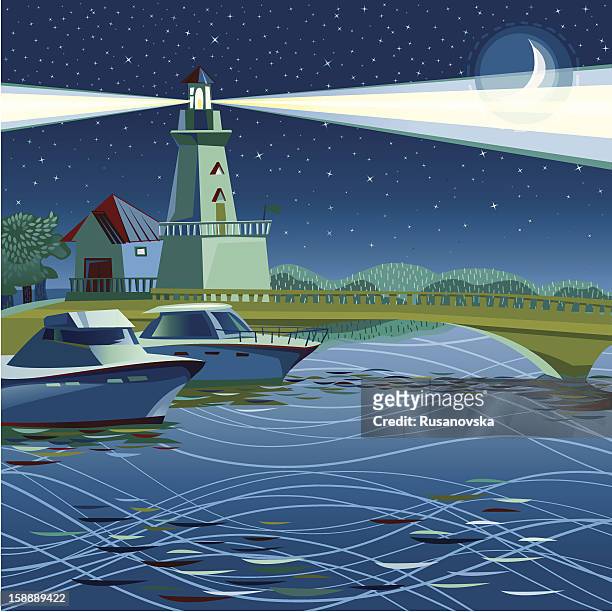 stockillustraties, clipart, cartoons en iconen met lighthouse in port credit (night) - mississauga