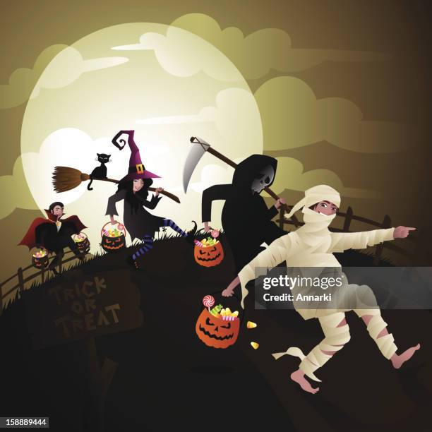 children trick or treat on halloween vector - halloween costume stock illustrations