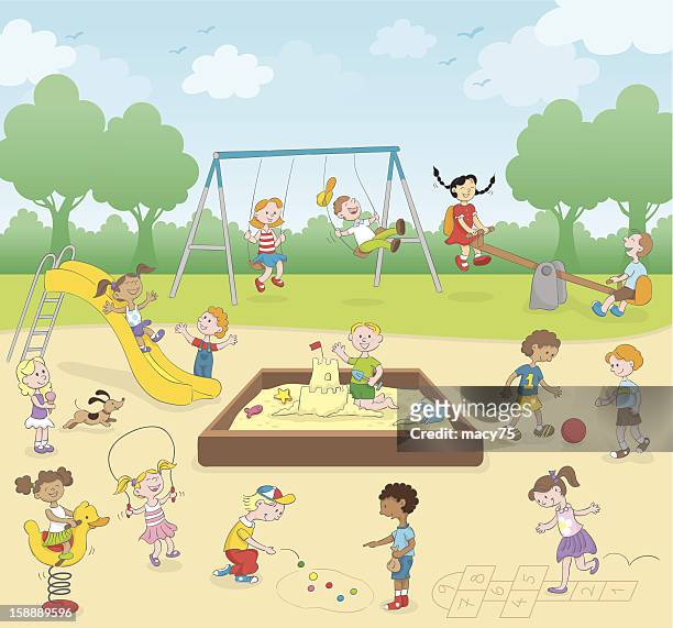ilustraciones, imágenes clip art, dibujos animados e iconos de stock de niños en el patio de juegos - brincar