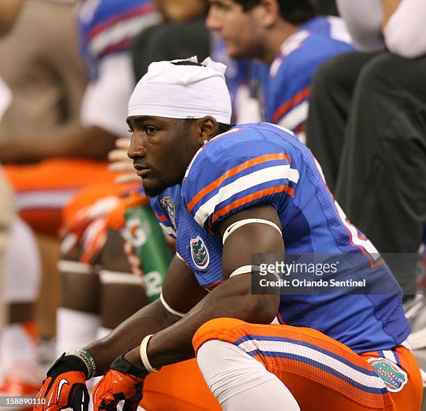 Florida tight end Omarius Hines looks dejected on the sidelines during action against Louisville in the Allstate Sugar Bowl at the Mercedes-Benz...