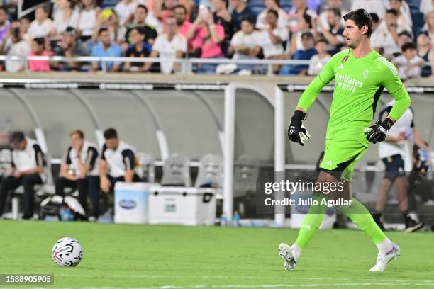 Thibaut Courtois of Real Madrid passes the ball during the pre-season friendly match between Juventus and Real Madrid at Camping World Stadium on...